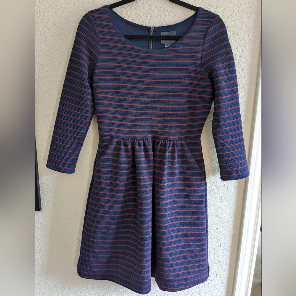 Anthropologie Maeve Stretch Ponte Dress Knee Length Navy Red Stripe Size 2